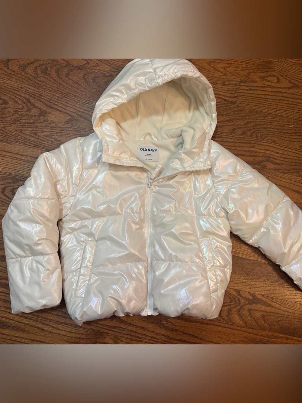 Old Navy Iridescent White Puffer Jacket with Hood